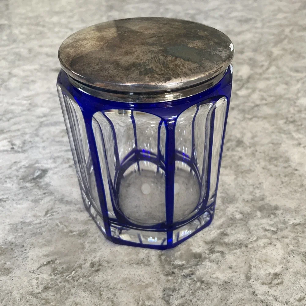 Lappas Hand Blown & Cut Crystal Cobalt Blue Glass Jar Heavy 5